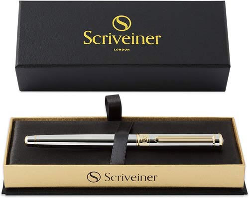 Scriveiner Silver Chrome Rollerball Pen 24K Gold Finish